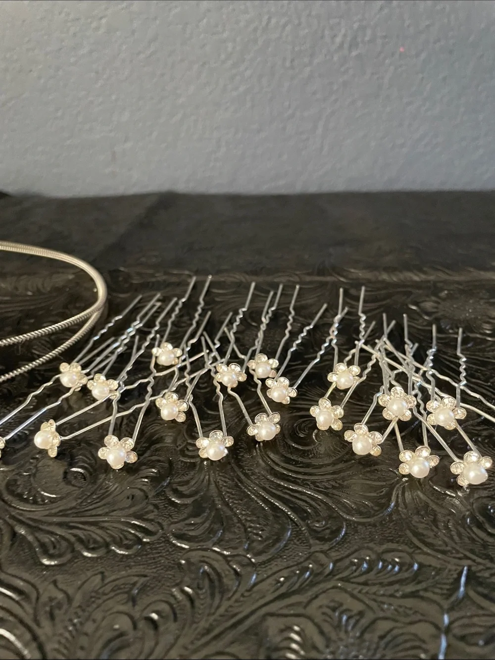 Silver Crystal Floral Headband with Pearl Hair Pins Set